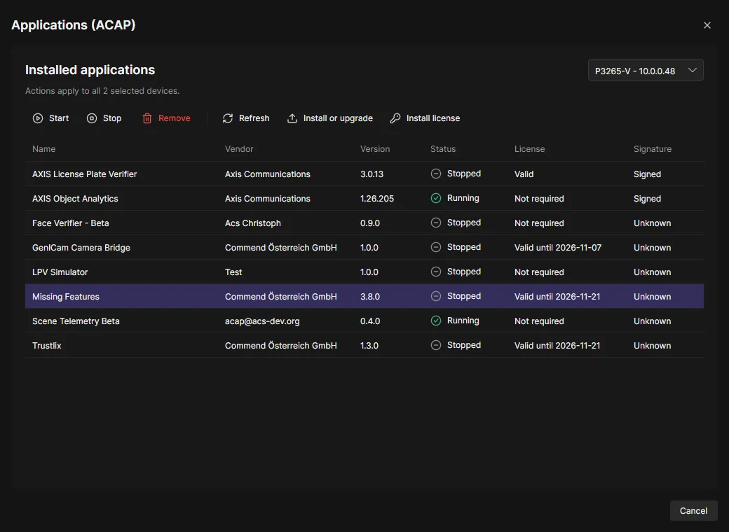 The Applications dialog with the installed applications and the package preview