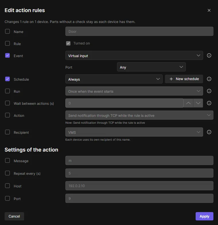 Edit action rules: the event, the schedule and the action checked, everything else unchanged