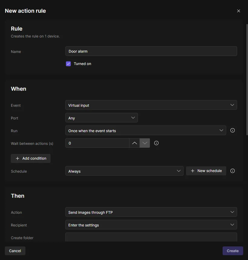 New action rule: the event, run once or while active, schedule and the action's settings