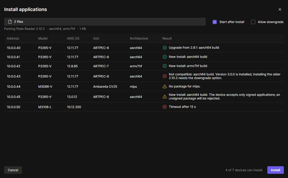 Install applications with two packages and the result per device