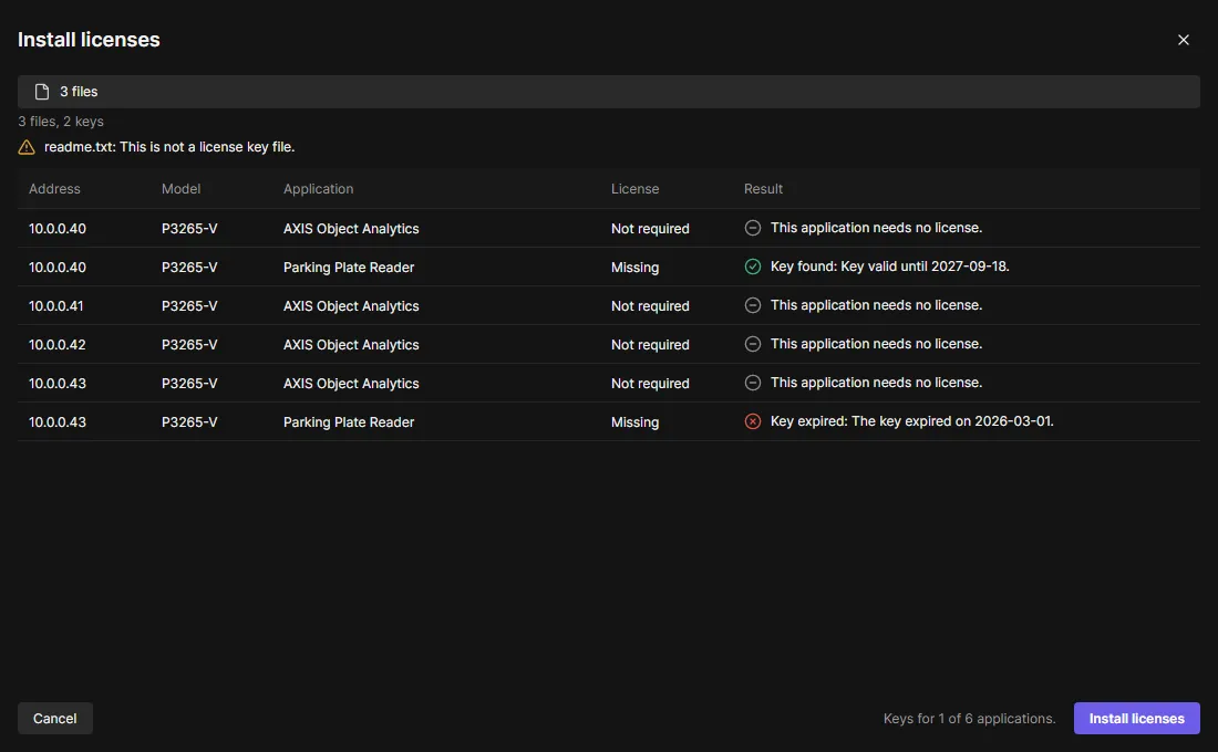 Install licenses with the key found per device and application
