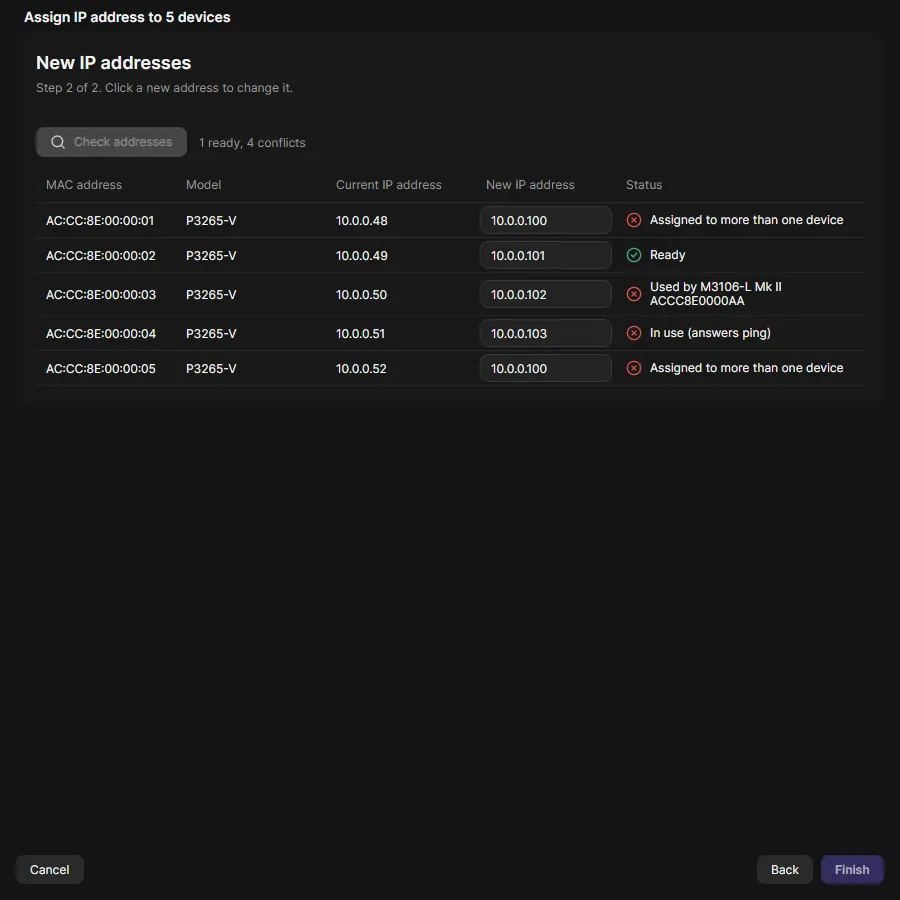 The New IP addresses page with current and new addresses per device