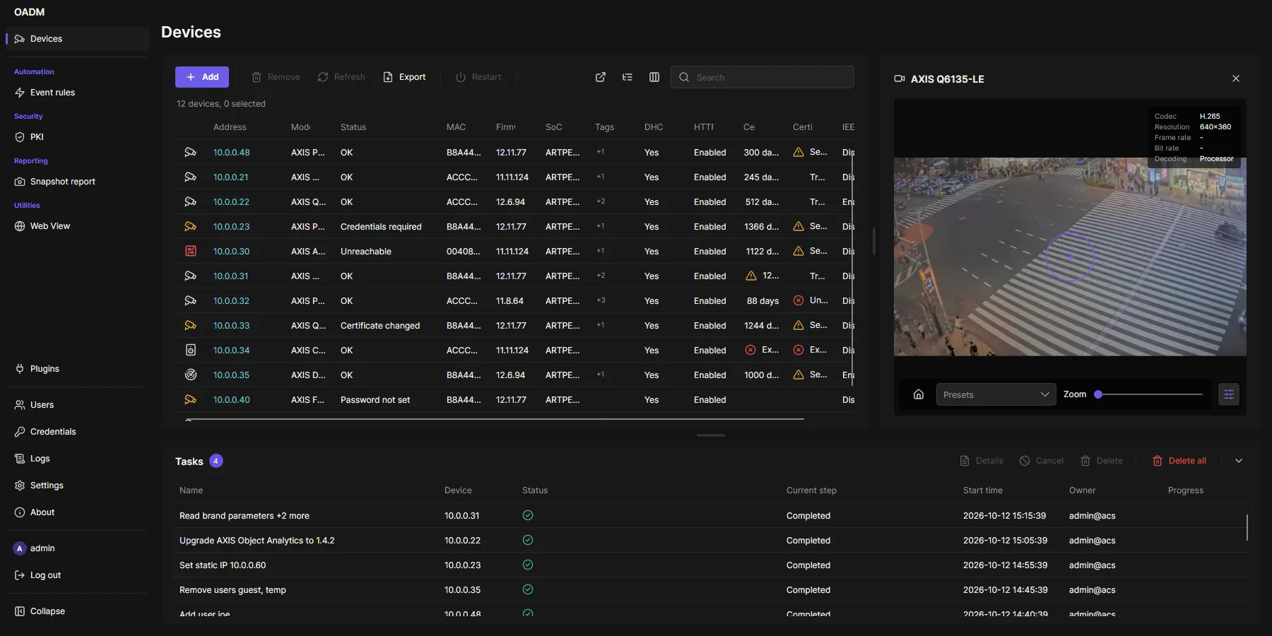 PTZ camera in the live preview with the circle in the middle