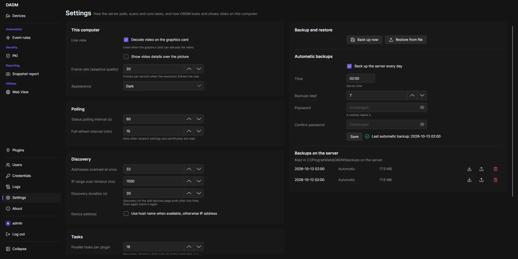 Settings page