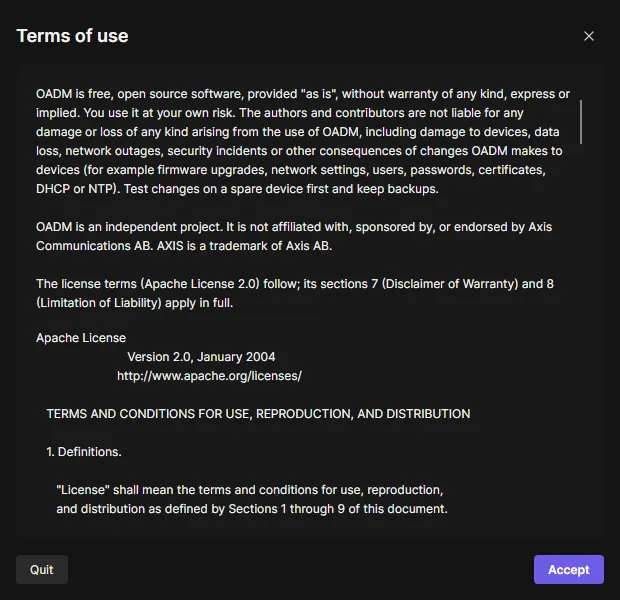 The terms of use on the first start