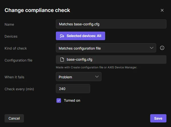 Compliance check dialog