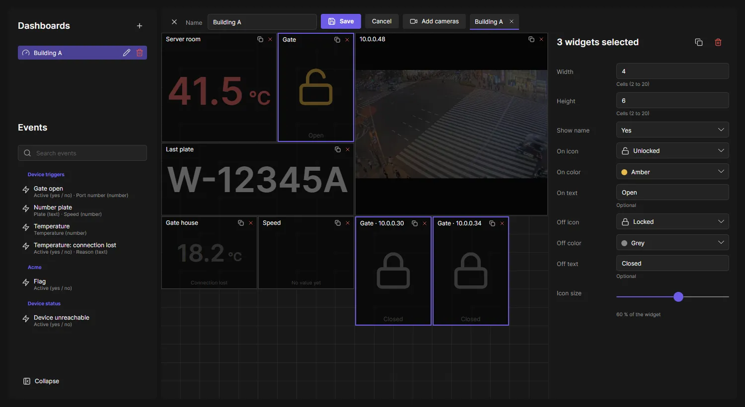 A dashboard in edit mode: three widgets selected and the settings they share on the right