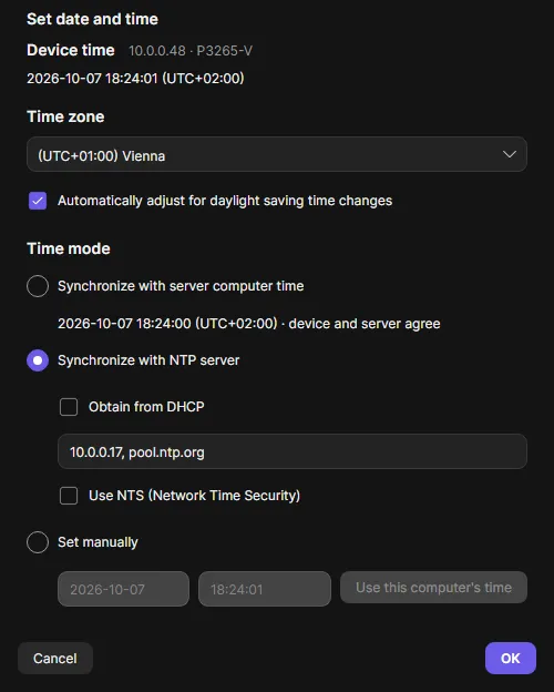 The Set date and time dialog with device time, time zone and time mode