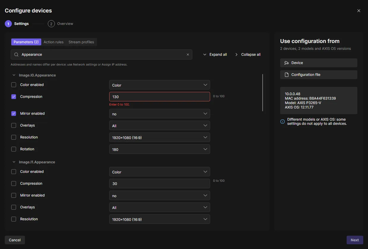 Configure devices: parameters of the source device with check boxes and their values