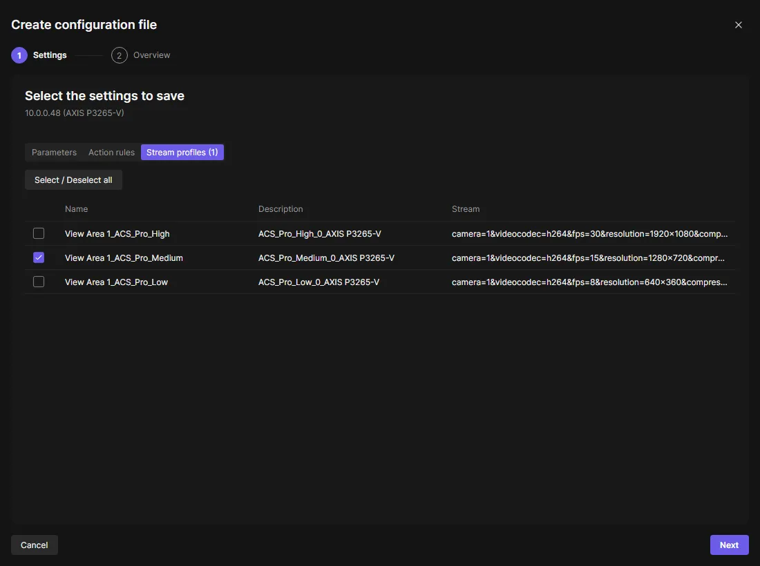 Create configuration file: the settings of one device to save