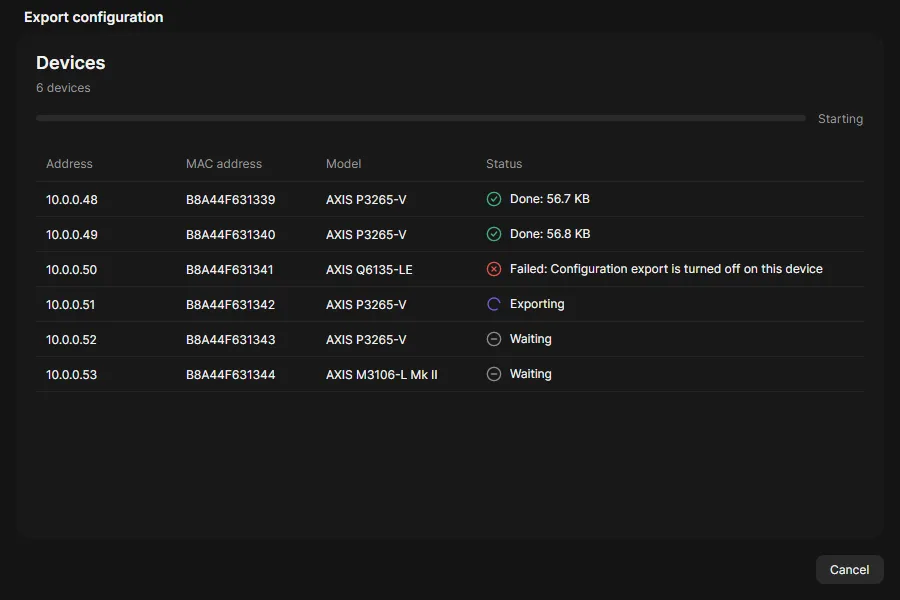 The Export configuration window with the state of each device