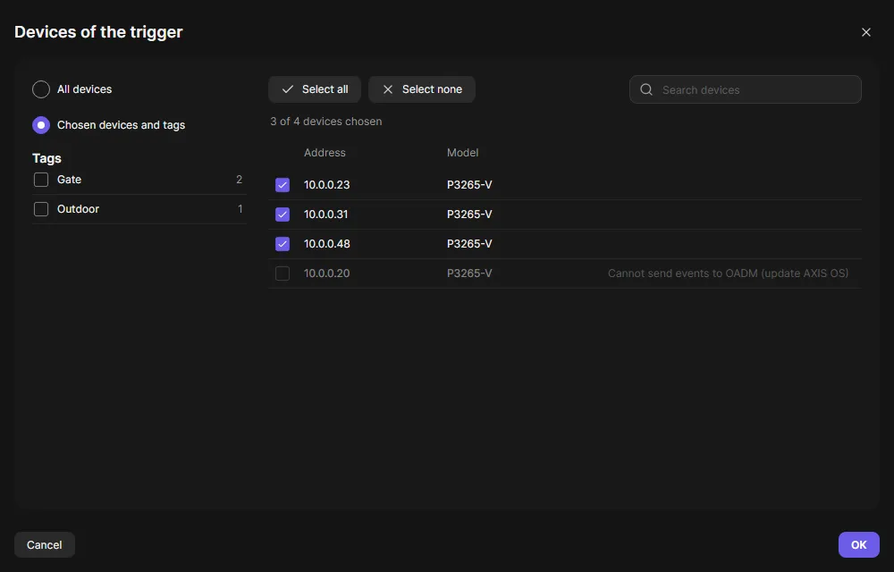 Add devices: the device list with search, Select all and Select none