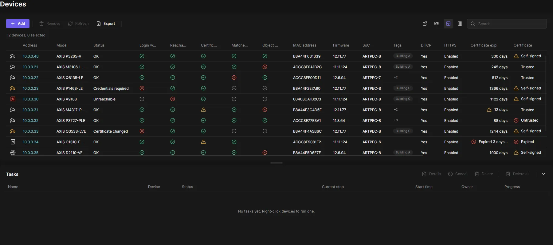 Device list with one column per check