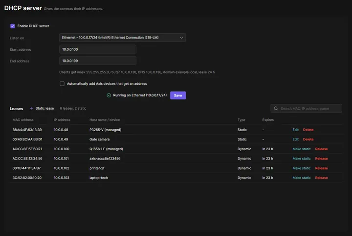 DHCP server page of OADM