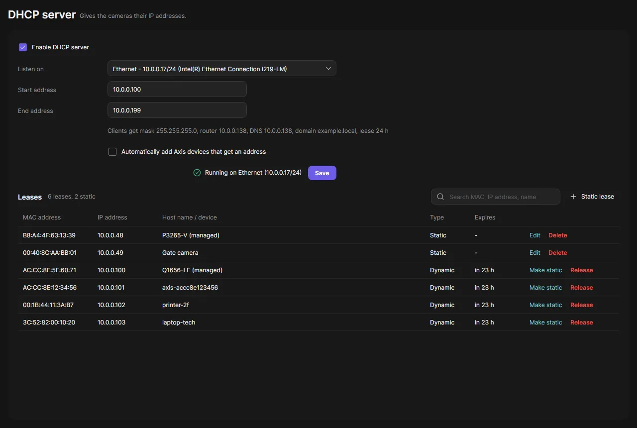 The DHCP server page with the settings and the lease list