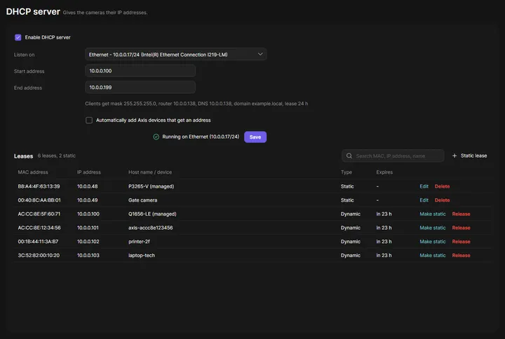 DHCP server page of OADM