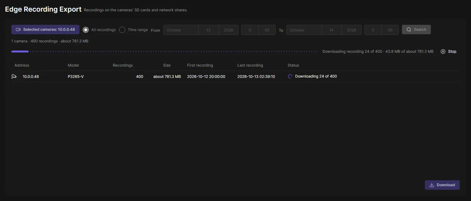 A download in progress: the progress bar, the current recording and Stop