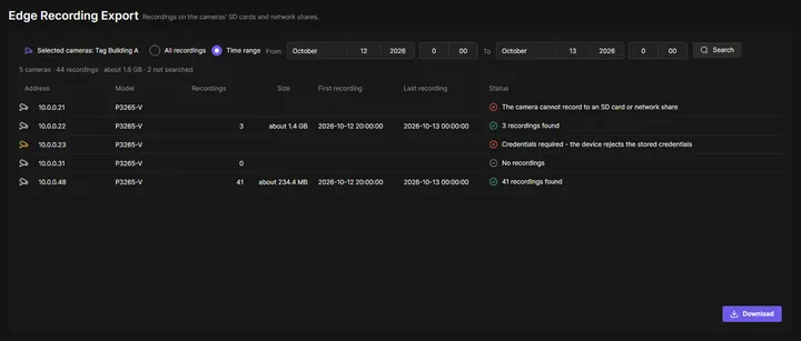 Edge Recording Export page of OADM