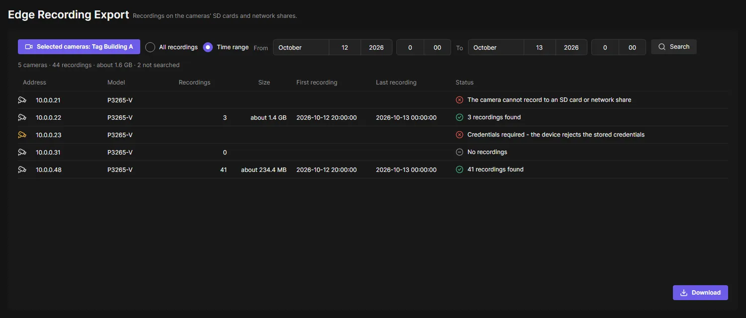 Edge Recording Export after a search: five cameras with their recordings, sizes and status