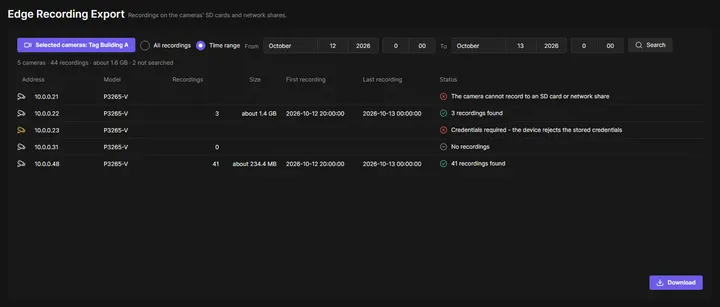 Edge Recording Export page of OADM