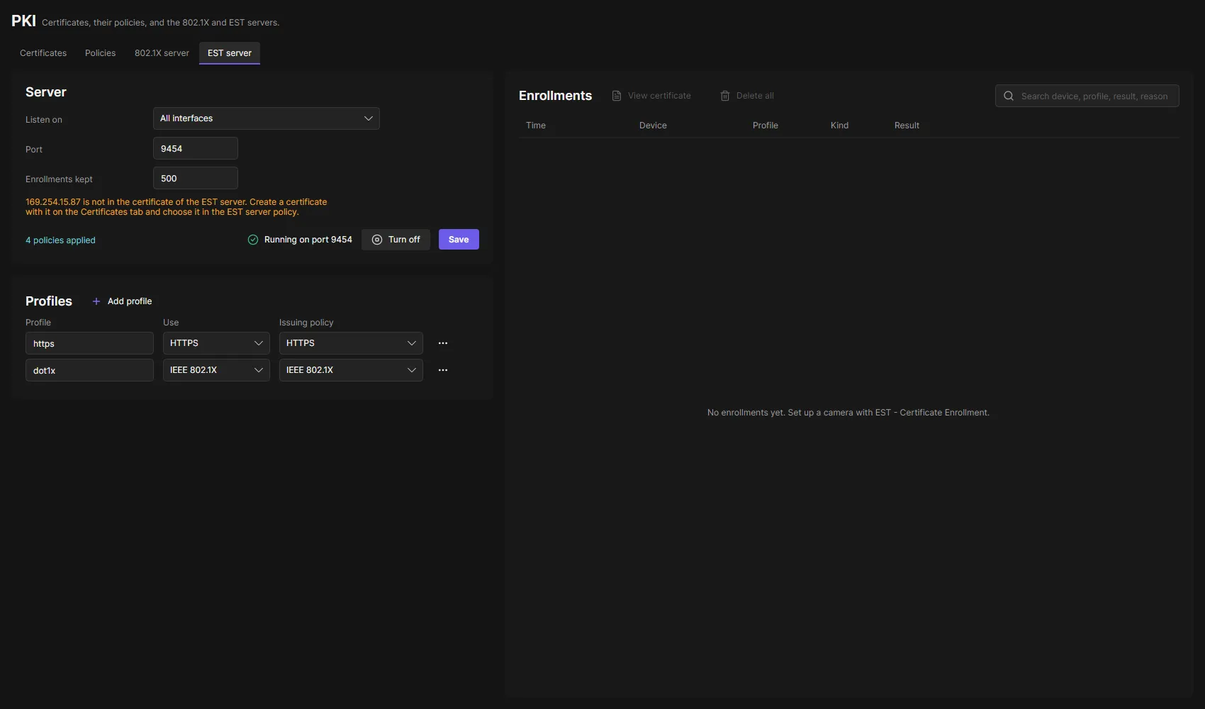 The EST server tab with the server, the profiles and the enrollments