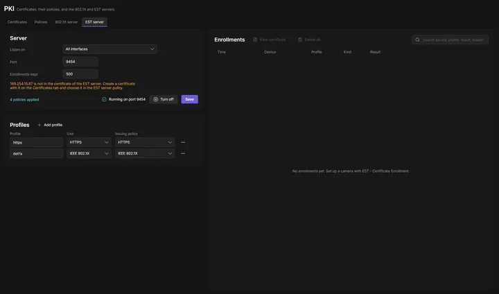 EST server page of OADM