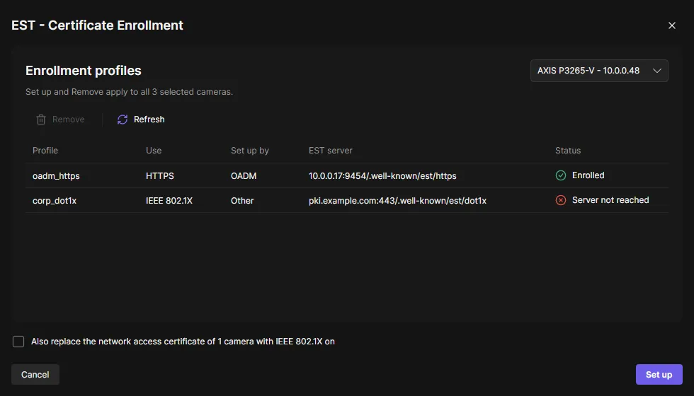 The EST - Certificate Enrollment dialog with the enrollment profiles of a camera