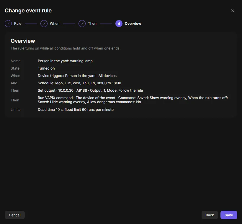 The overview of a rule before saving