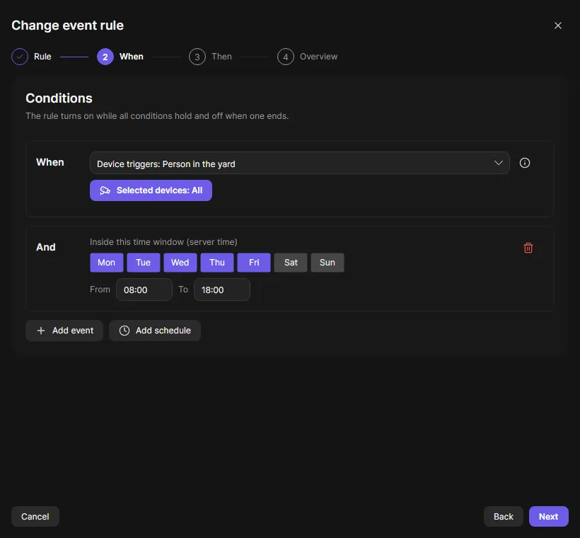 The When step with an event and a schedule