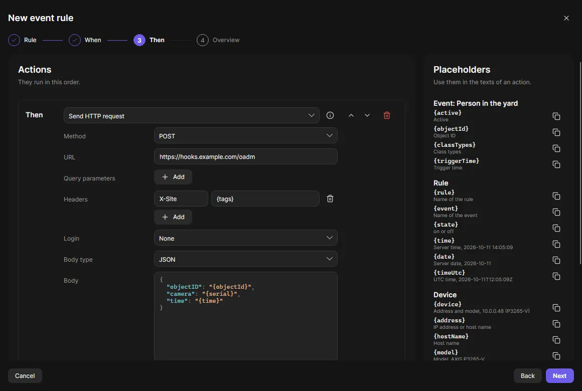 Send HTTP request with a JSON body, headers and the placeholders