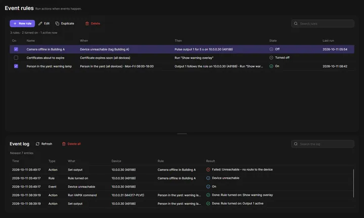 Event rules page of OADM