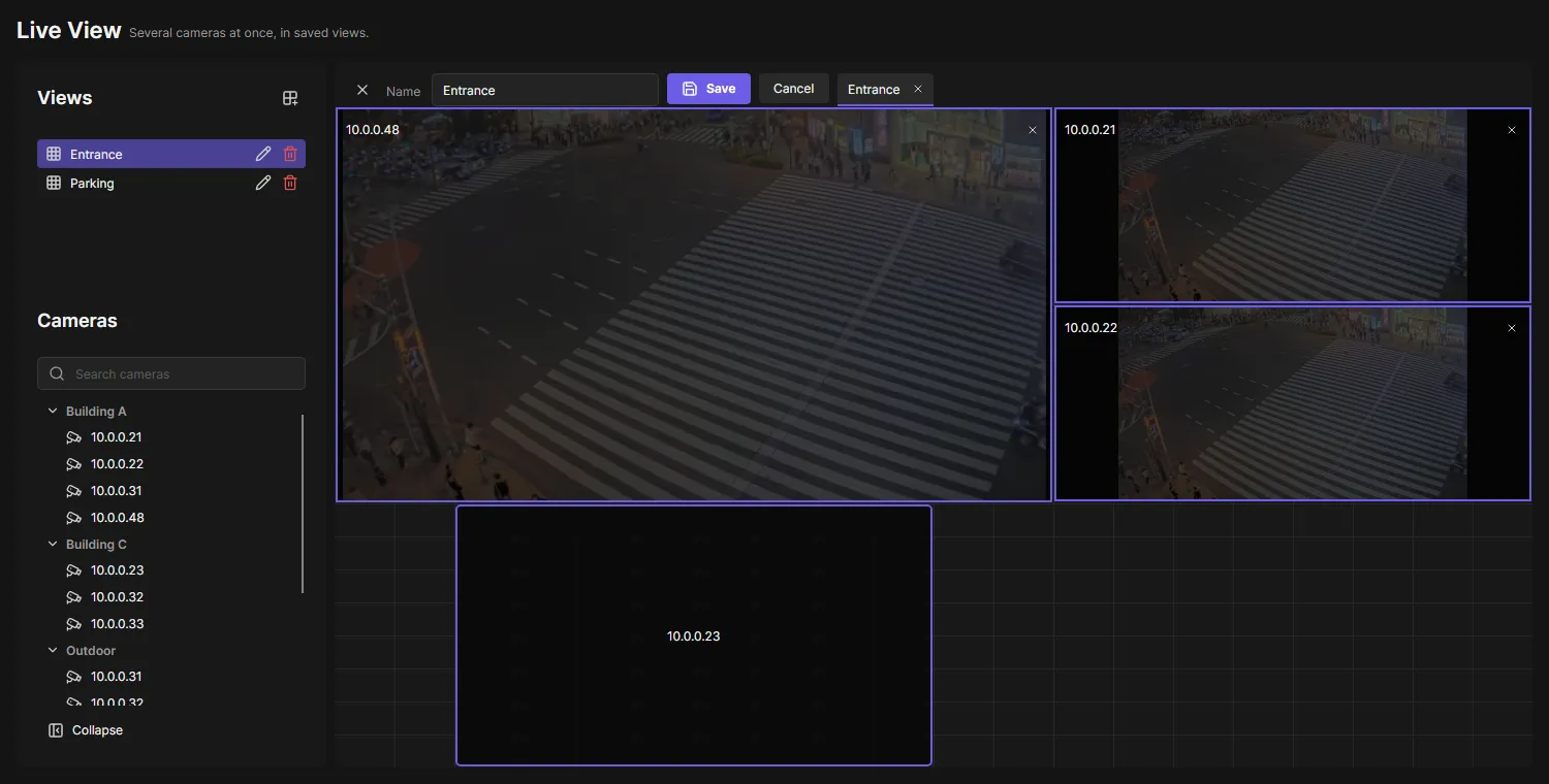 A view in edit mode: grid lines, a frame around each camera and a camera dropped onto free space