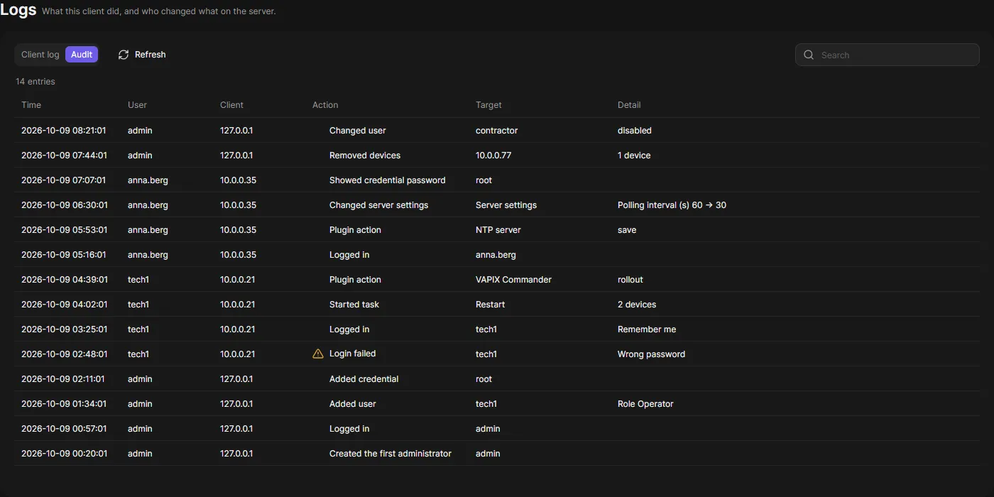 Audit tab on the Logs page