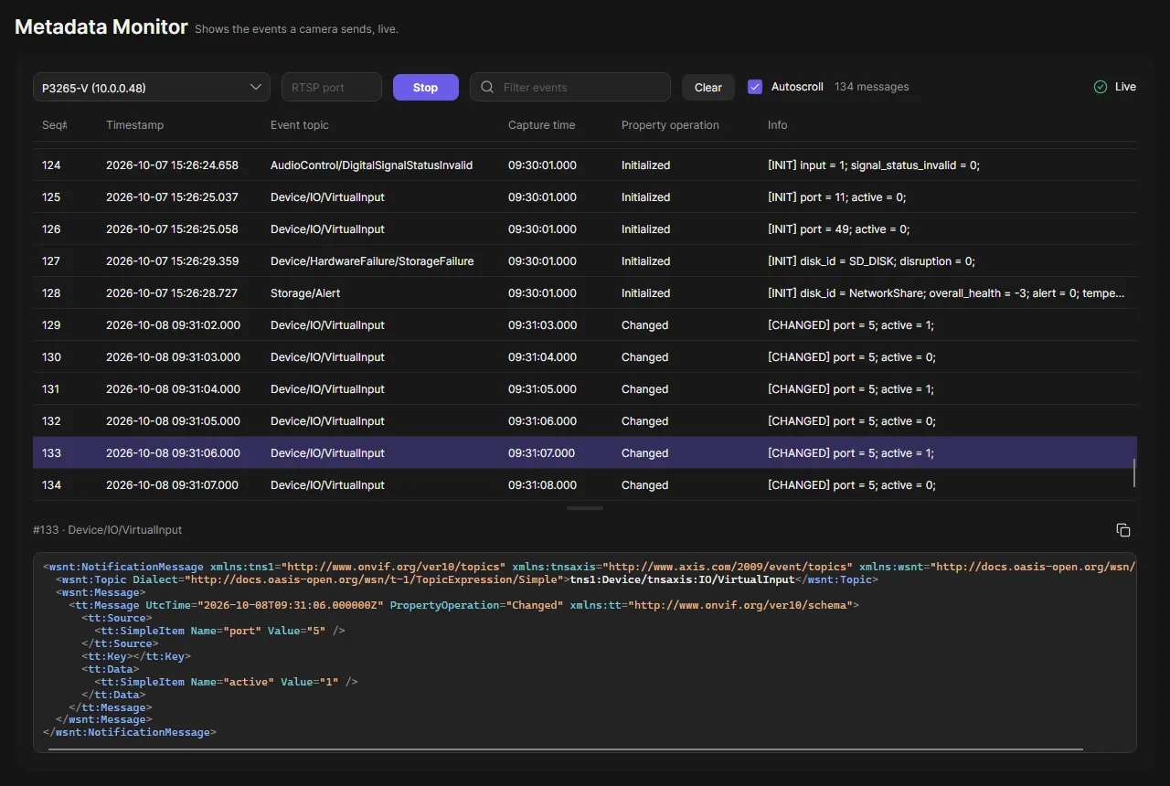 The Metadata Monitor with a live list of events and the XML of the selected event
