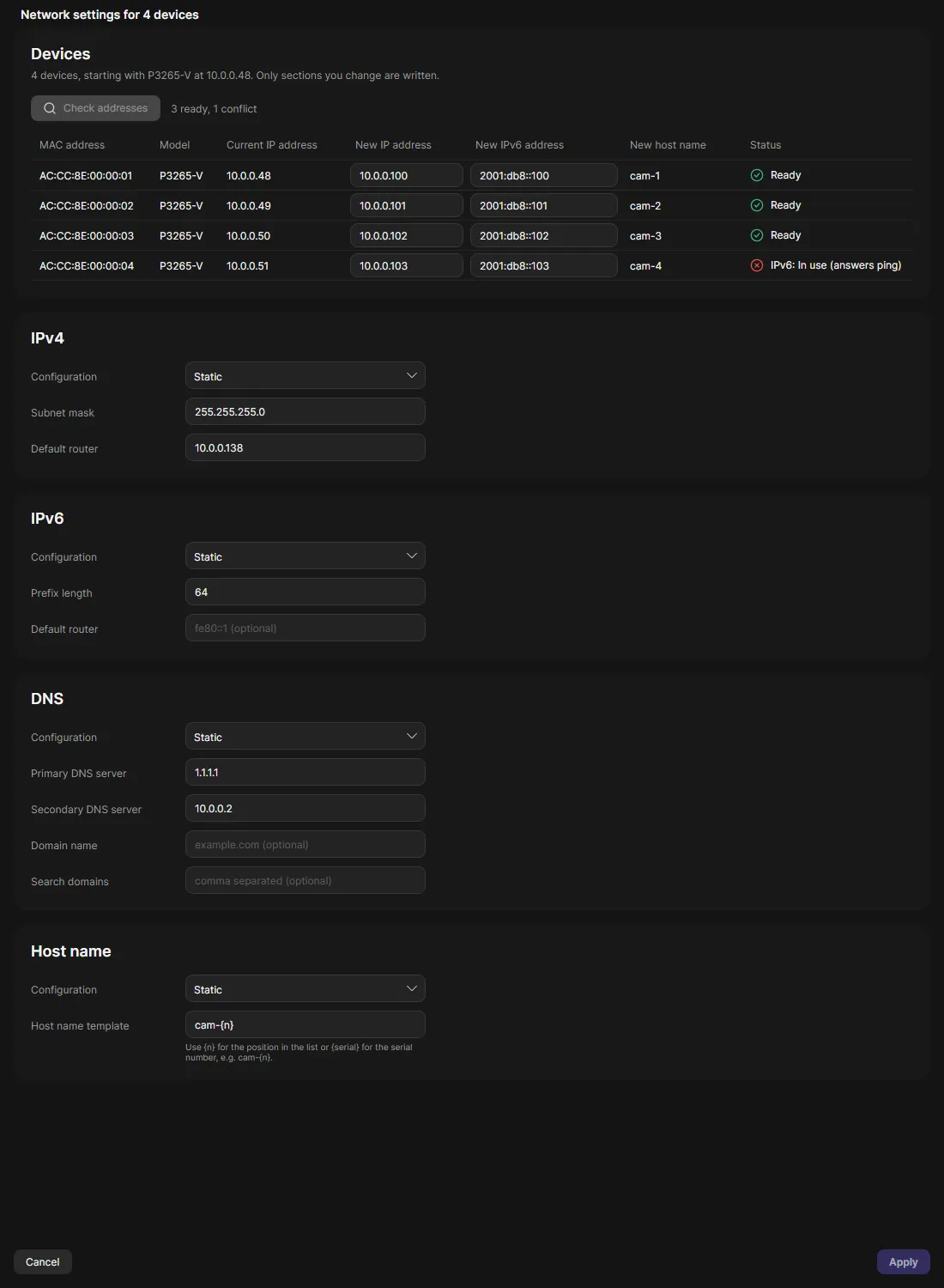 The Network settings dialog with several devices and the New IP address column