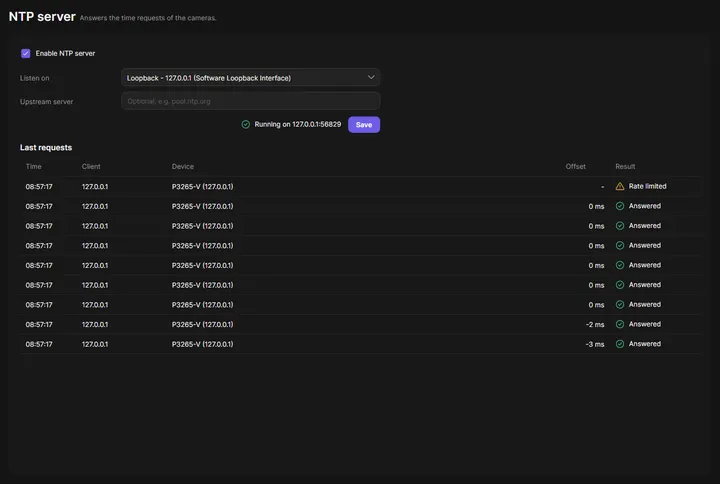 NTP server page of OADM