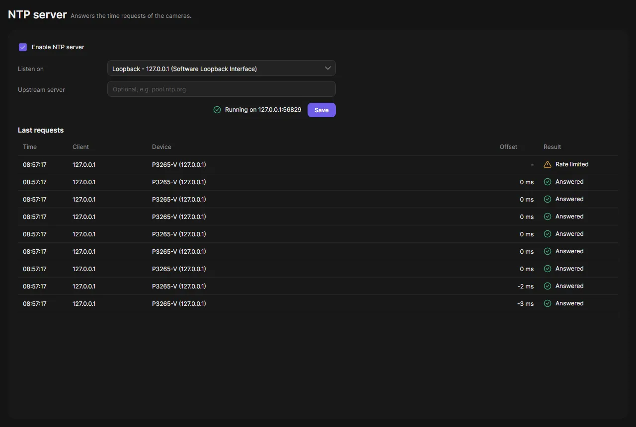 The NTP server page with the settings and the last requests