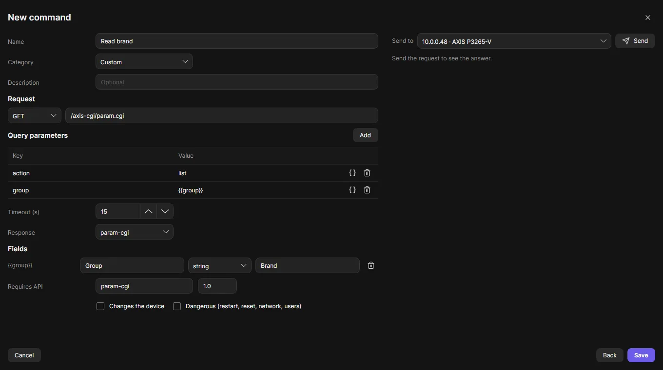 A raw param.cgi request with query parameters and a field