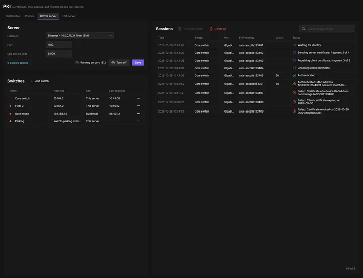 802.1X server page of OADM