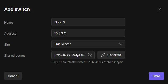 The Add switch dialog with a generated shared secret
