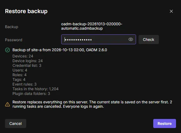The restore dialog after Check