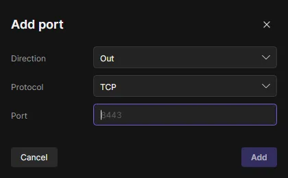 The Add port dialog with direction, protocol and port