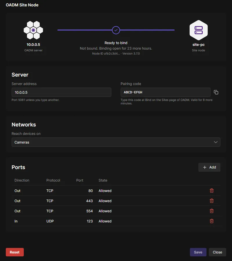 The OADM Site Node app, connected and ready to bind, with the pairing code next to the server address