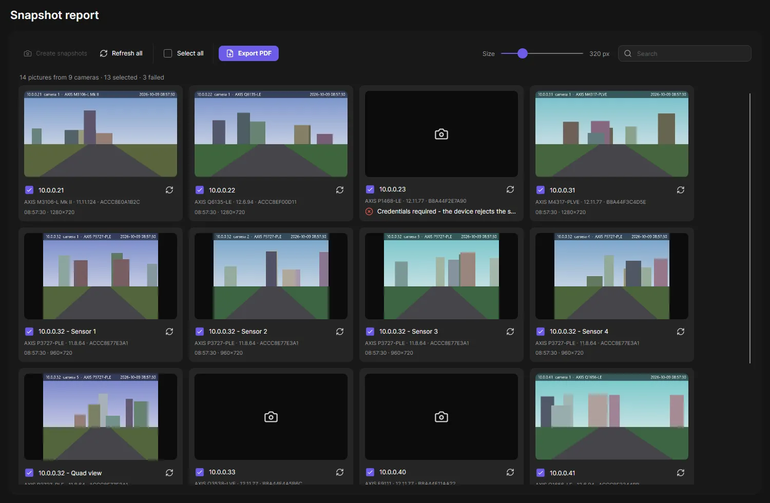 The Snapshot report page with snapshot tiles of several cameras