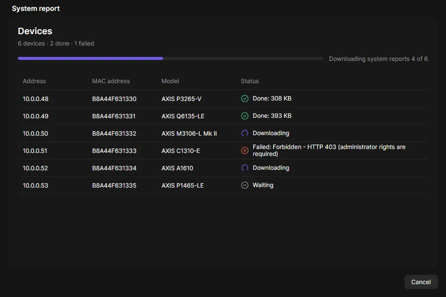 The System report window with the download status of each device