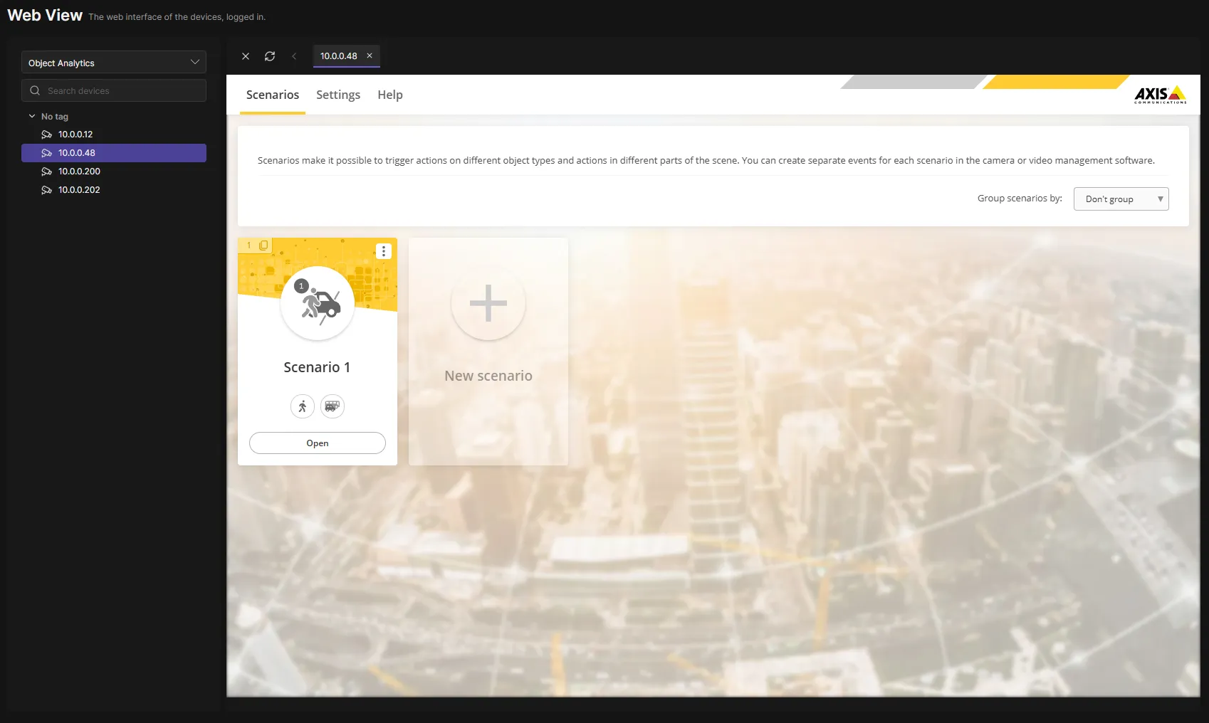 The Web View with devices grouped by tag and two open tabs